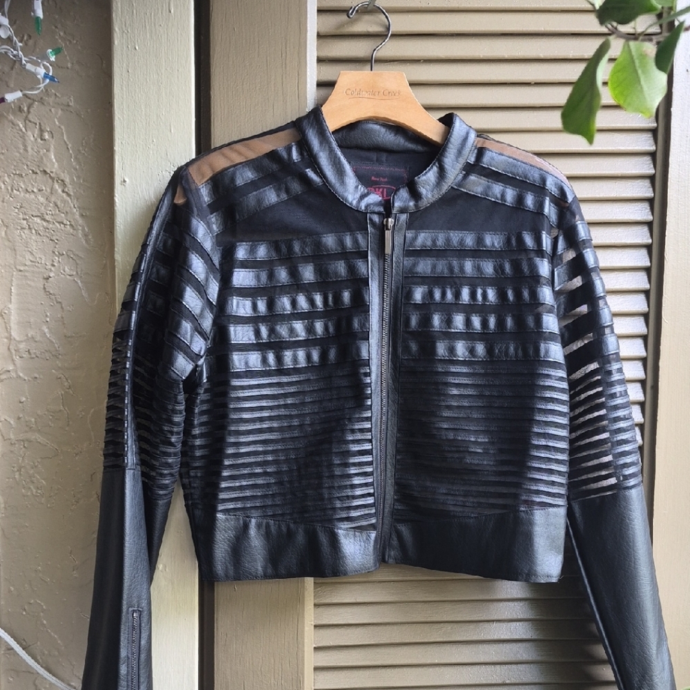 Yoki Black Faux-Leather Ribbed Moto Jacket with Tan Shoulder Panels